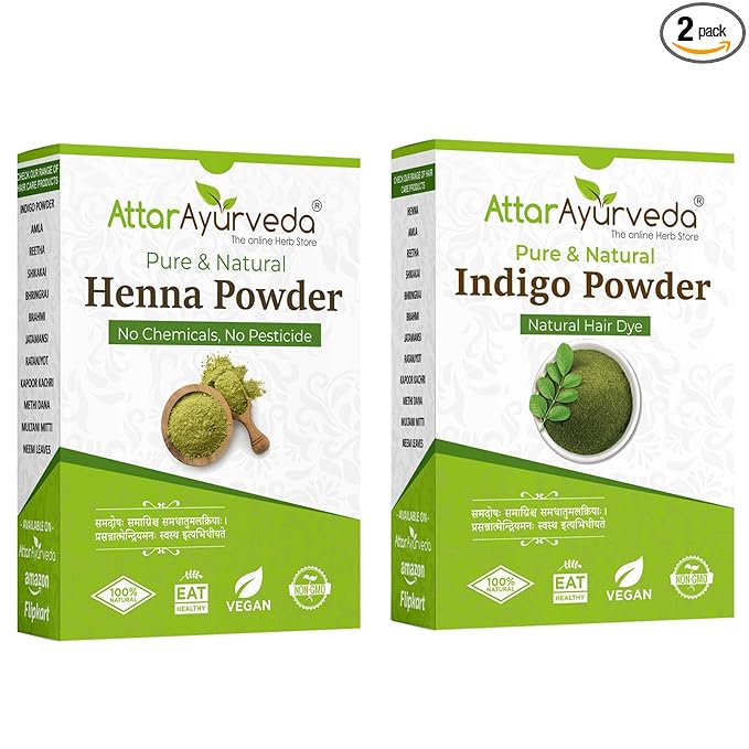 Attar Ayurveda Natural Dye For Black Hair Henna Leaves Powder Indigo Powder Combo Pack 400Gm