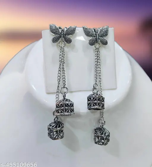 Mayaana Oxidised Silver Long Earrings
