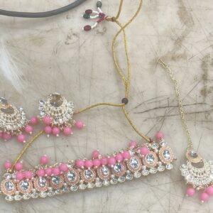 Women Baby Pink Stone Necklace With Earrings With Tikka