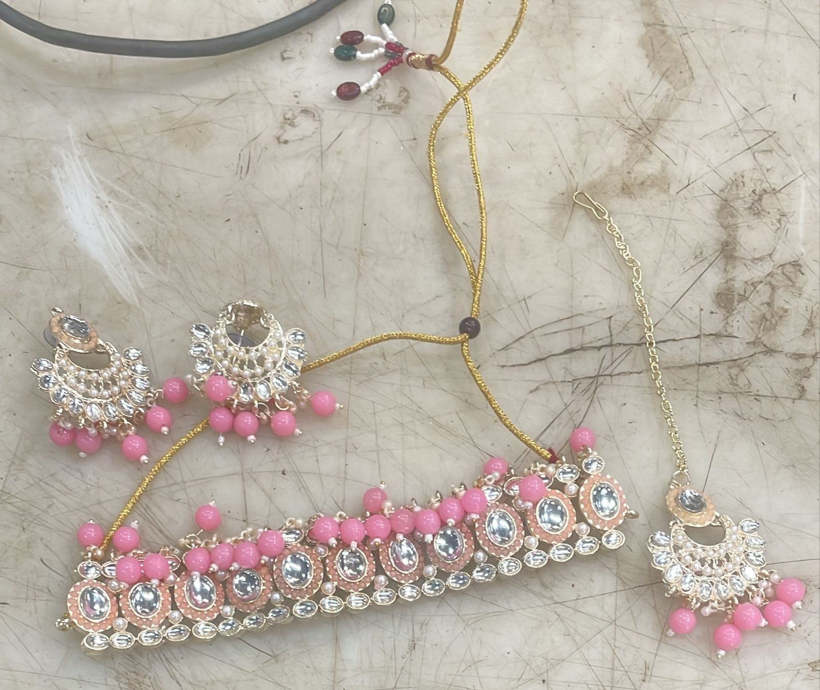 Women Baby Pink Stone Necklace With Earrings With Tikka