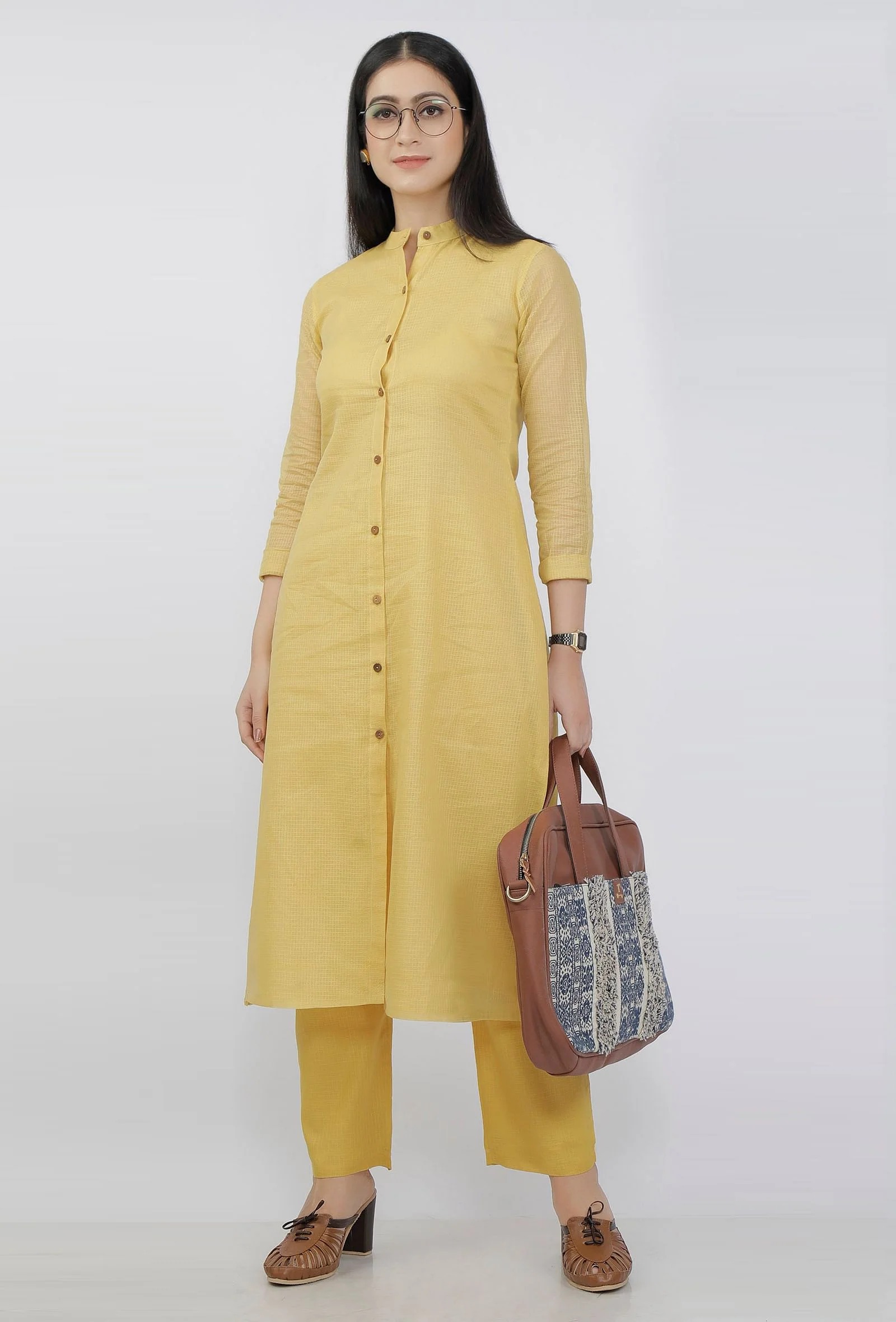 Tjori The Mischievous Yellow Kota Kurta Size L
