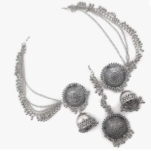 Stylish Bahubali Jhumka Stud Earring Silver Beads Shining Chain Maang Tikka Woman Girls