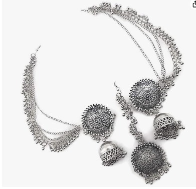 Stylish Bahubali Jhumka Stud Earring Silver Beads Shining Chain Maang Tikka Woman Girls