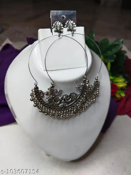 Floral Chandbali Oxidised Black Metal German Silver Alloy Earrings