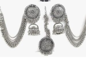 Copper With Crystal Earrings For Women Silver With Tikka