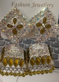 Women Silver Plated Stone Green Studded Jhumkas Earrings
