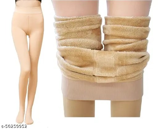 Alexvyan 26 To 34 Beige Color Women Warm Thick Fur Fleece Winter Legging Tights Free Size
