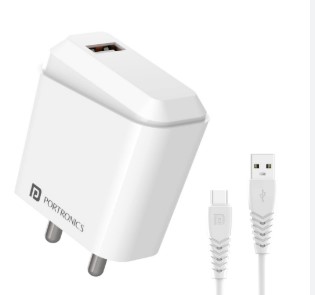 Portronics Adapto 41 C 2Point4A C Type Charger With Single Usb Port 12W Max In White Colour