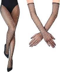 Women Hand And Leg Gloves Black Net Stone