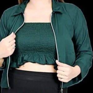 Women Solid Frill Trim Shirred Crop Cami Top With Versatile Zipper Jacket Green Size M