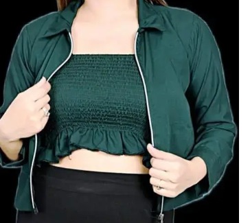 Women Solid Frill Trim Shirred Crop Cami Top With Versatile Zipper Jacket Green Size M
