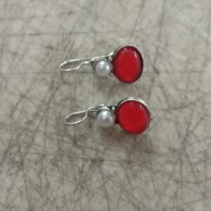 Oxidised Silver Plated Red Pearl Earring For Women