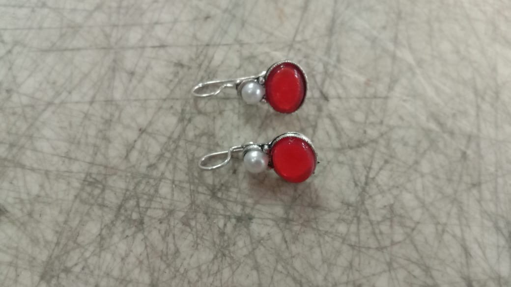 Oxidised Silver Plated Red Pearl Earring For Women