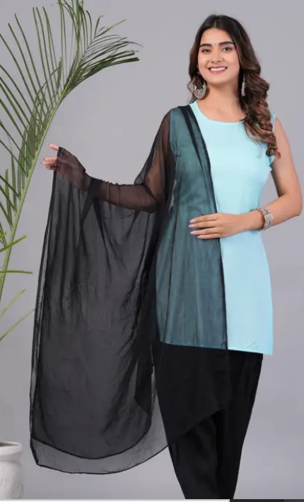 Vakratunda Sky Blue Kurta With Black Salwar Or Dupatta Set For Women Size L