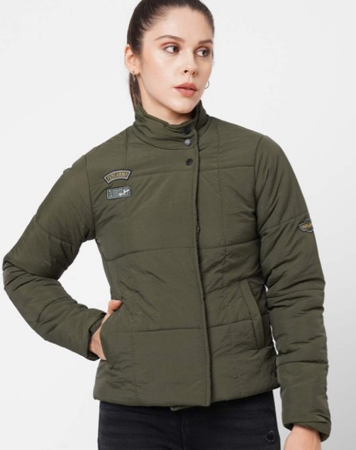 Pepe Jeans Women Green Padded Jacket With Patchwork Size Xl