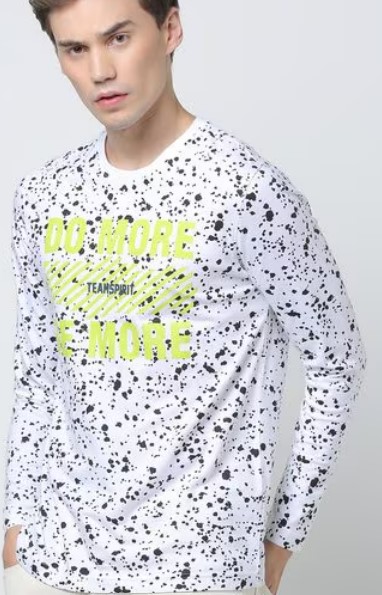 Teamspirit White Printed Regular Fit Splatter Print Crewneck Tshirt Size L