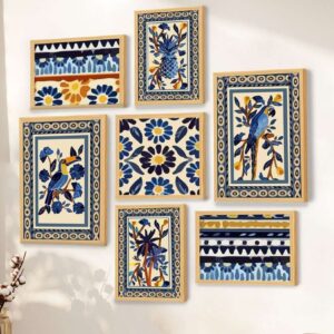 Art Street Peach Coloured Blue Set of 7 Wooden Blue Birds with Flower Wall Paintings