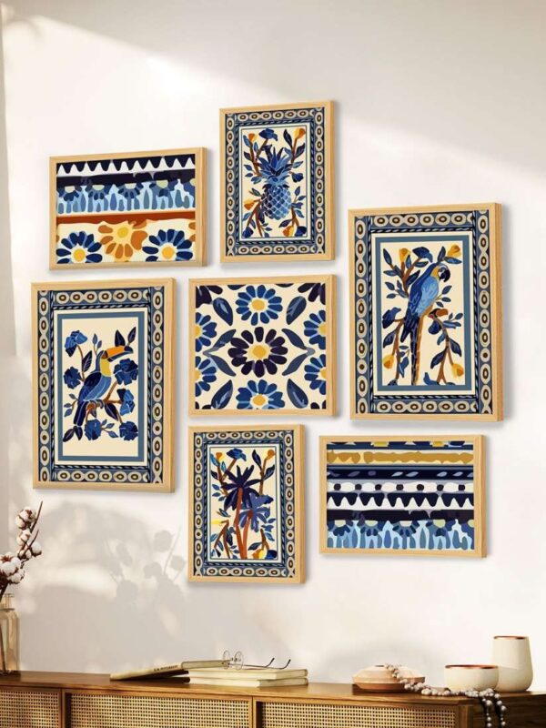 Art Street Peach Coloured Blue Set of 7 Wooden Blue Birds with Flower Wall Paintings