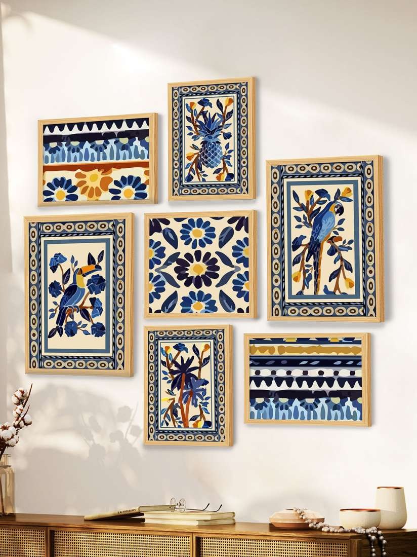 Art Street Peach Coloured Blue Set of 7 Wooden Blue Birds with Flower Wall Paintings