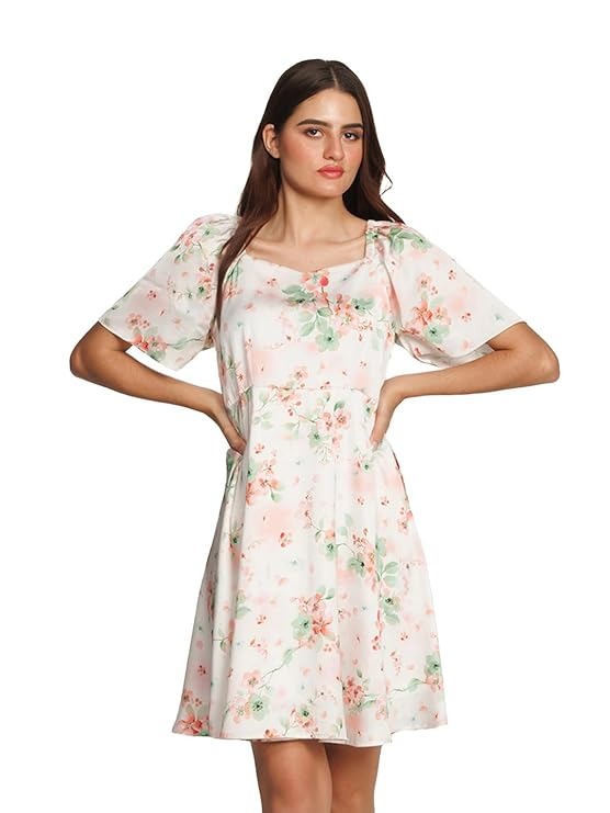Zink London Women s White Floral Printed Regular Short Dress Size M