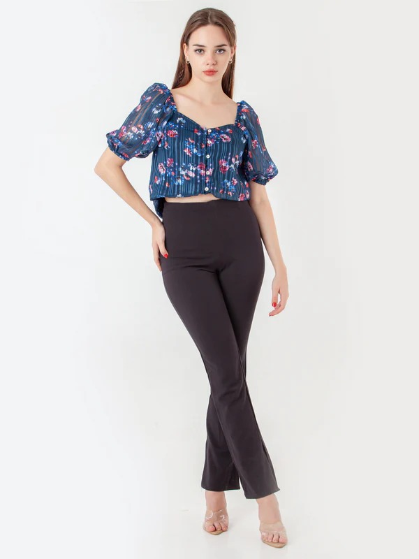 Zink London Women Marina Navy Blue Printed Straight Top Size XS