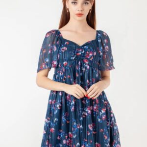 Zink London Women Abby Navy Blue Printed Flared Short Dress Size XXL