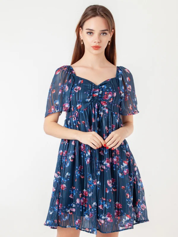 Zink London Women Abby Navy Blue Printed Flared Short Dress Size XXL