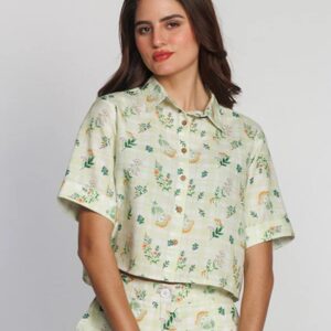Zink London Women Ariyah Green Floral Printed Crop Shirt Size XL