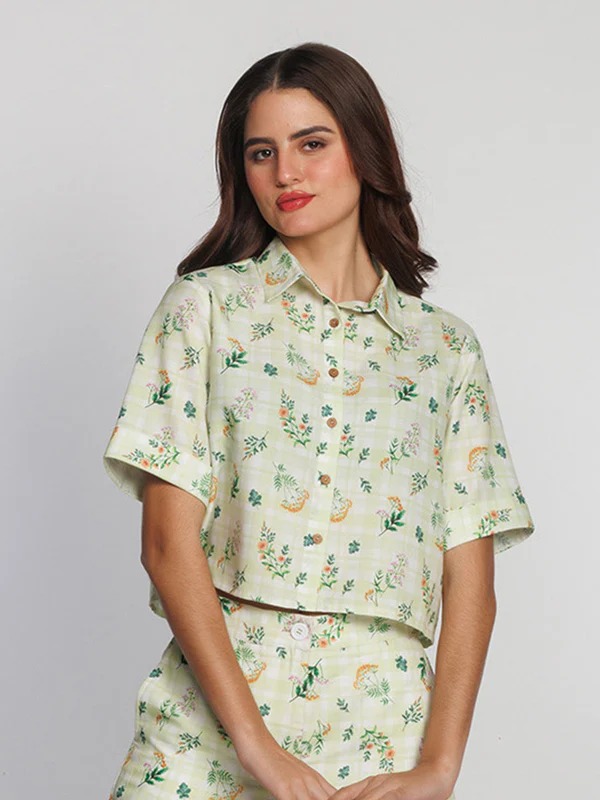 Zink London Women Ariyah Green Floral Printed Crop Shirt Size XL