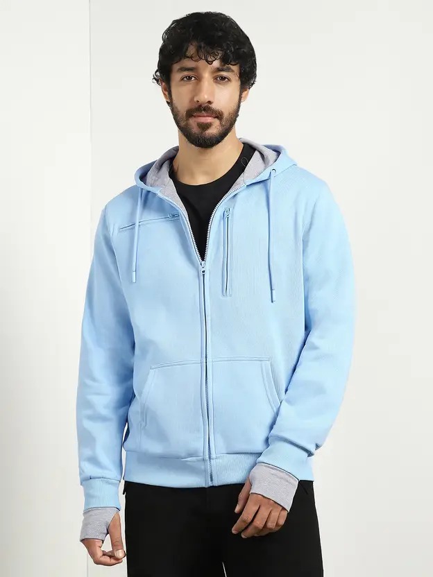 NOBERO Men Full Sleeve Solid Hooded Sweatshirt powder blue colour l size