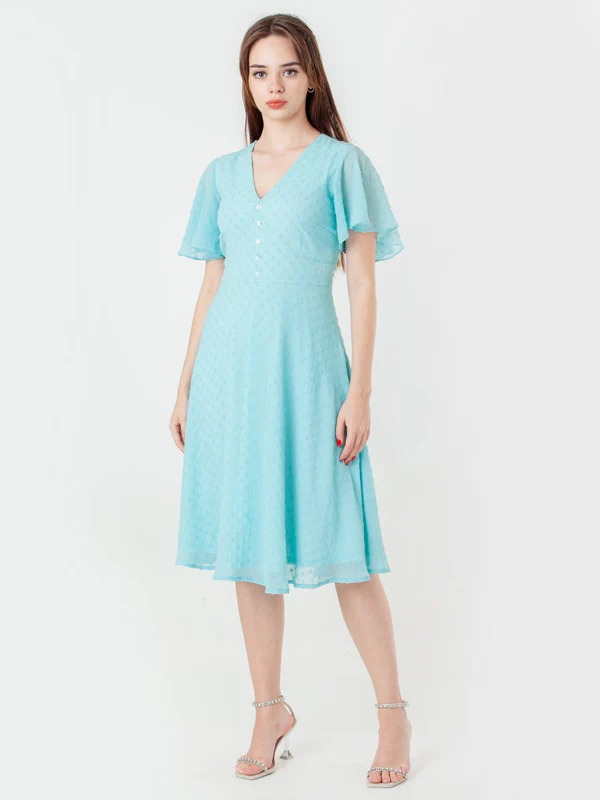 Zink London Women Celia Blue Self Design Regular Midi Dress Size XXL