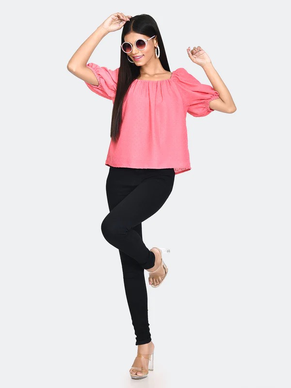 Zink London Women Emery Pink Self Design Tie Up Top Size L