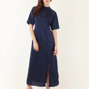 Zink London Women Ivory Navy Blue Solid A Line Maxi Dress Size L