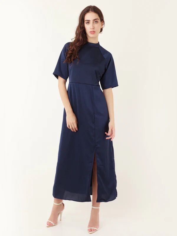 Zink London Women Ivory Navy Blue Solid A Line Maxi Dress Size L