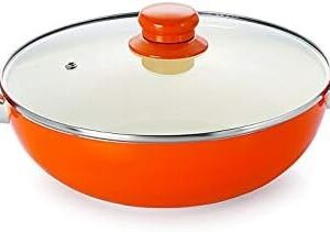 Nirlon Aluminium Deep Kadhai with Glass Lid 2 litres Orange 220 mm