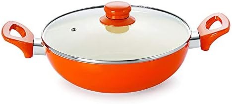 Nirlon Aluminium Deep Kadhai with Glass Lid 2 litres Orange 220 mm