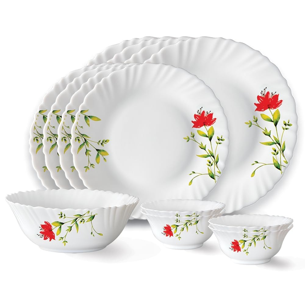 Larah by Borosil Fluted Opalware Dinner Setof 36 Pieces white green colour
