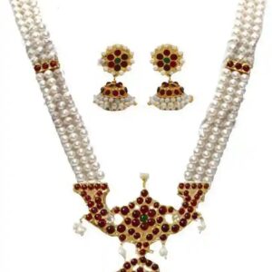 Private Lable Kempu Bharatnatyam Kuchipudi Necklace Metal Necklace Set White And Red Colour