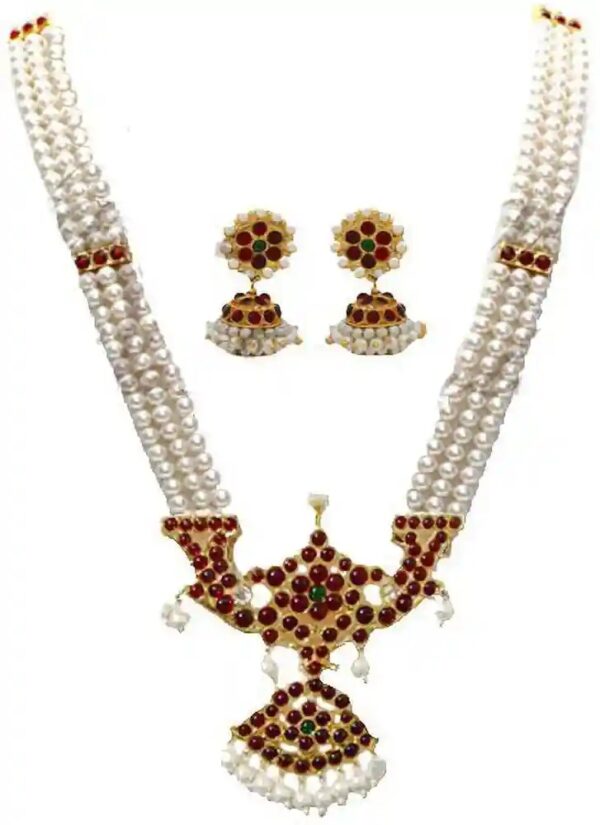 Private Lable Kempu Bharatnatyam Kuchipudi Necklace Metal Necklace Set White And Red Colour
