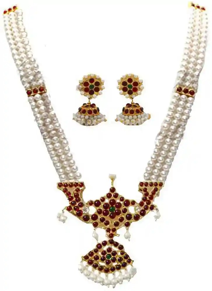 Private Lable Kempu Bharatnatyam Kuchipudi Necklace Metal Necklace Set White And Red Colour
