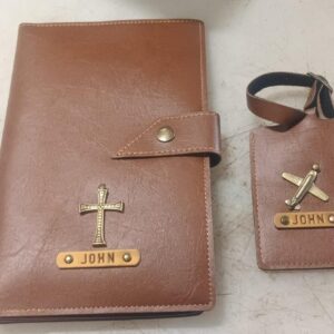 Private Lable Personalized Leather Passport Cover And Luggage Tag With JOHN Name And Charm tan color