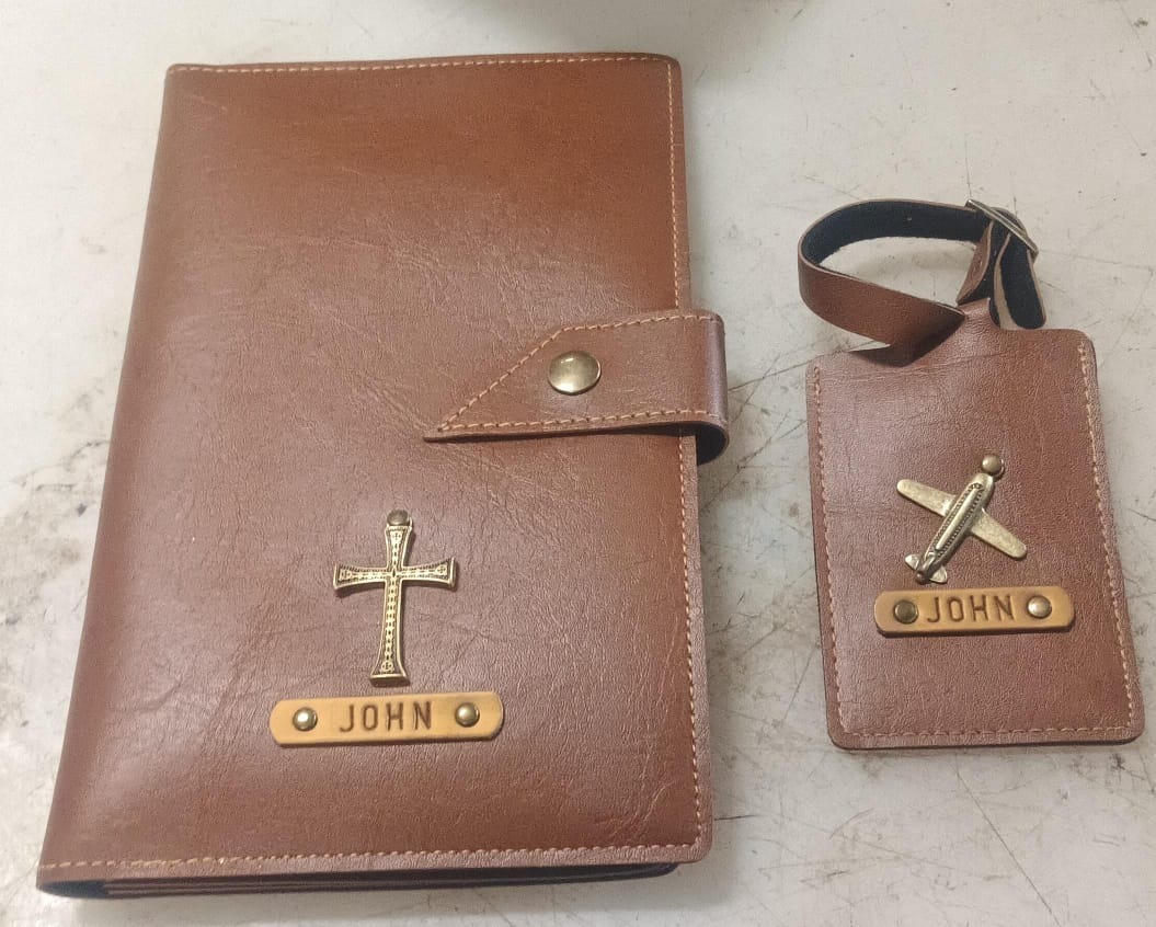 Private Lable Personalized Leather Passport Cover And Luggage Tag With JOHN Name And Charm tan color