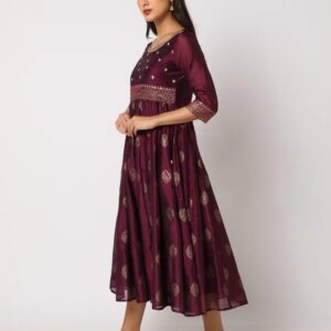 AVAASA Women SET Printed Fit Flare Chanderi Dress Wine Colour Size XS