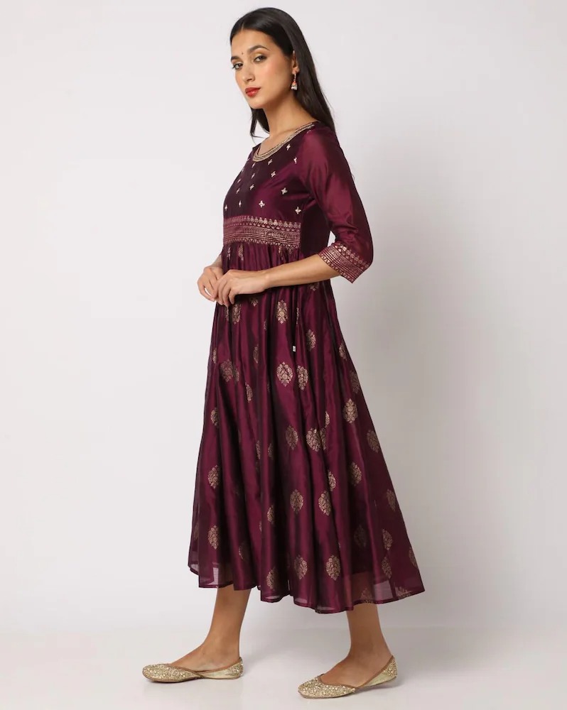 AVAASA Women SET Printed Fit Flare Chanderi Dress Wine Colour Size XS