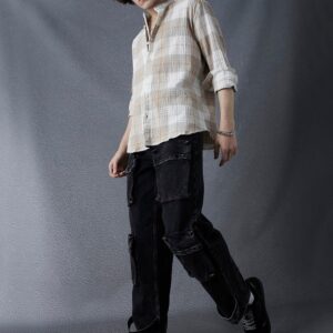 Voltedge Men Relaxed Fit Cotton Textured Check Mandarin Collar Beige White Cotton Plaid Shirt Size S