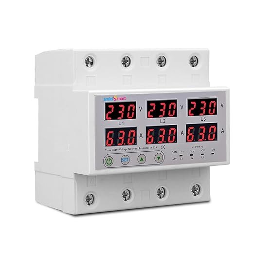 3 Phase Automatic Over Under Voltage Protector with Over Current Protection Auto Reconnect with Phase Loss and Phase Imbalance Protection 63A 220VAC White