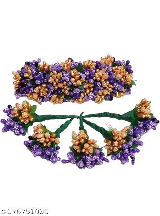 Private Label Artificial flower for hair veni gajra brooch bridal accessories set blue