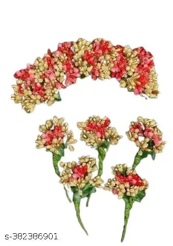 Private Label New Artificial flower for hair veni gajra brooch bridal accessories Red and gold