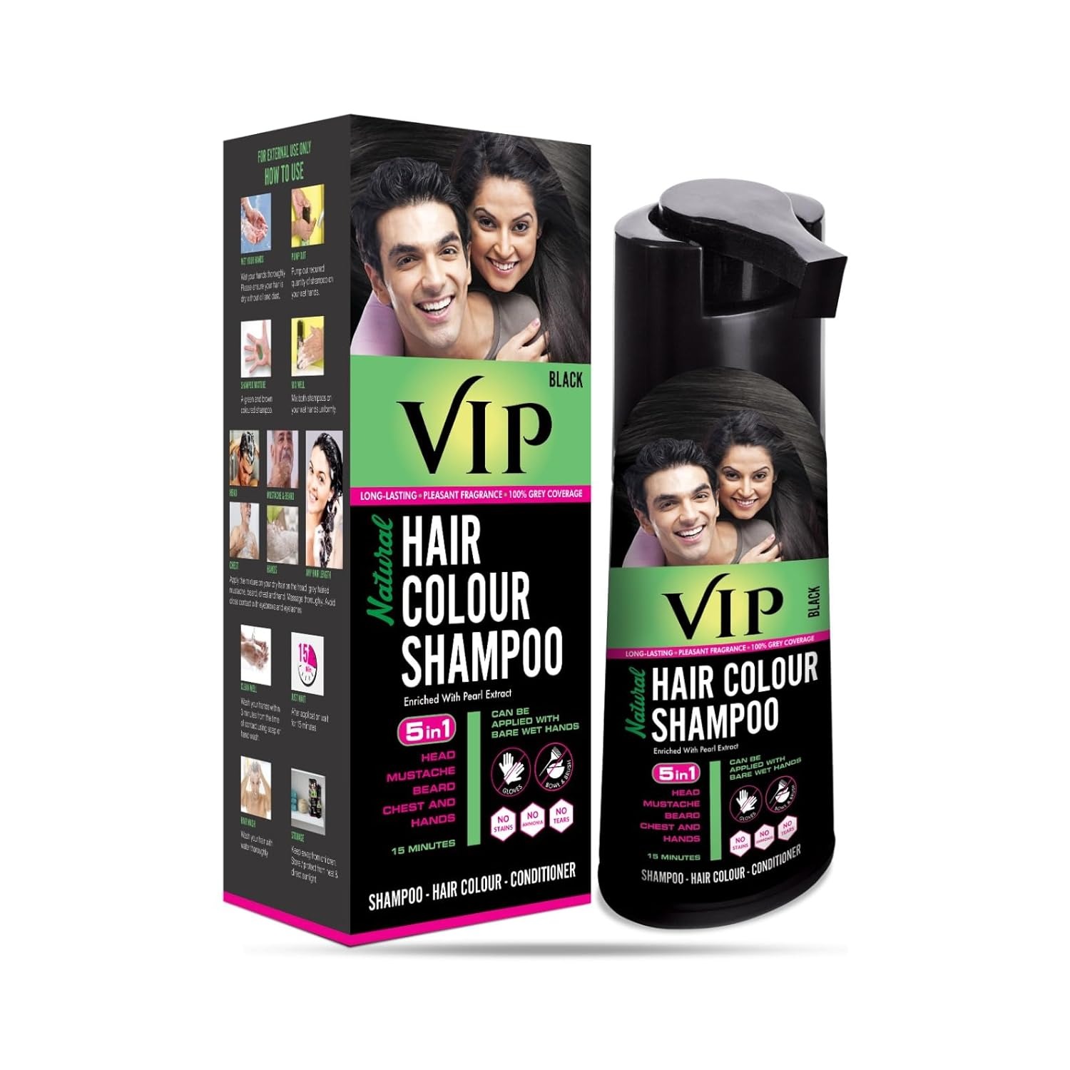 VIP HAIR COLOUR SHAMPOO 180ml Black for Men Women Alternate to Hair Dye