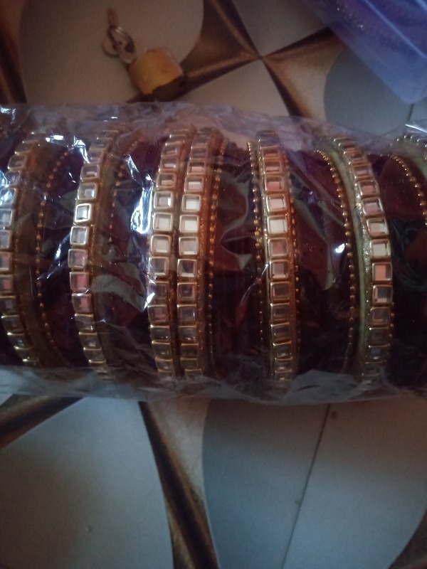 Private label OURVIC Non Precious Metal Base Metal Bangles with Velvet Work and Studded with Mirror Beads kadaa Kada Bangles Set Brown Colour
